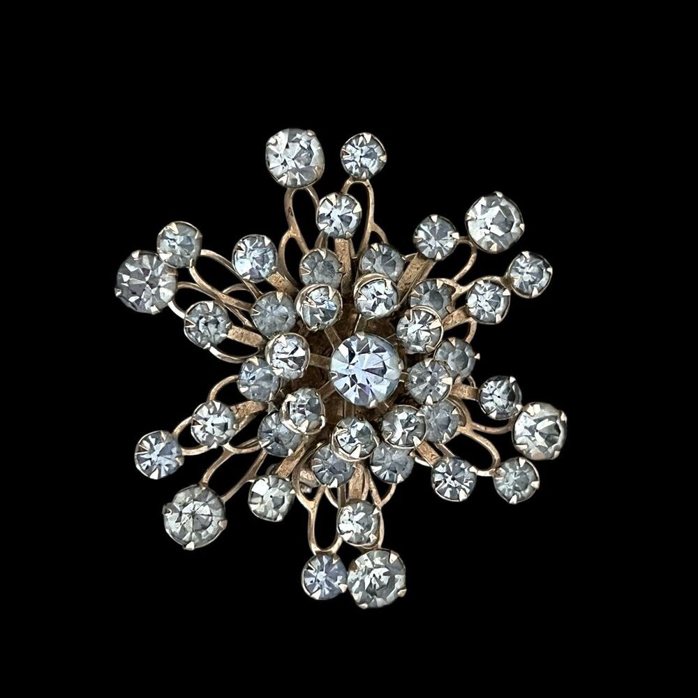 Vintage 1950s Blue Rhinestone Starburst Brooch Silver Tone - 10S